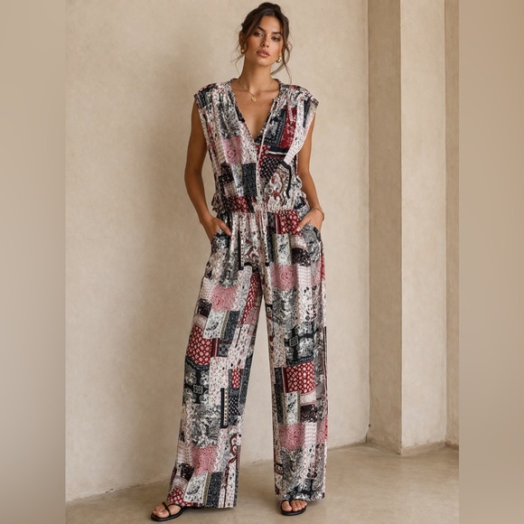 Pants - J25. Patchwork Print Wide-Leg Jumpsuit in Pink & Black